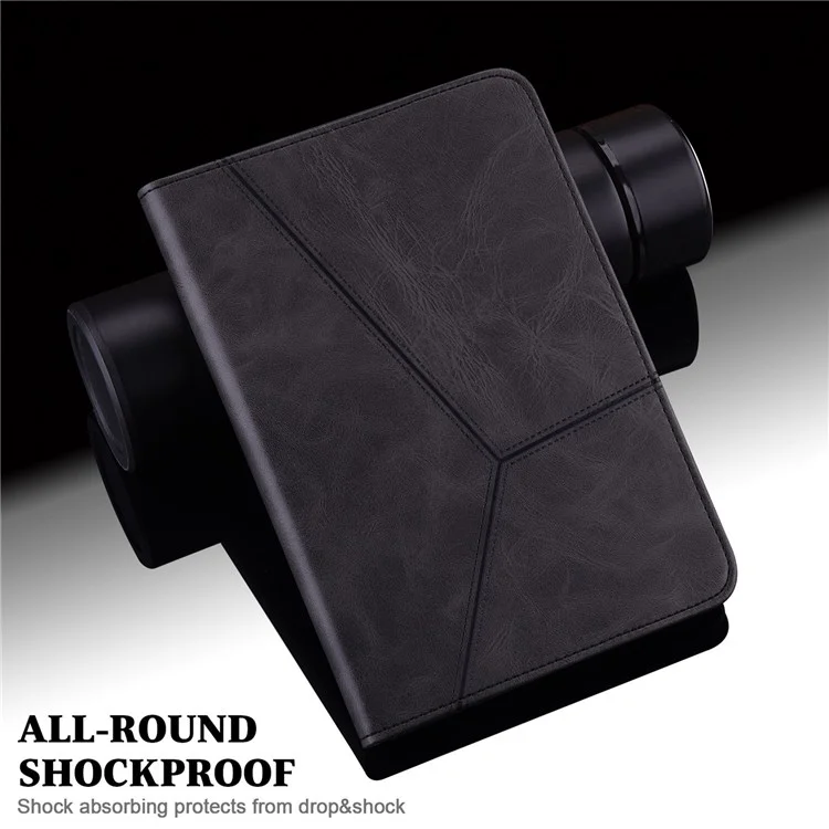Card Holder Stand Tablet Case for Realme Pad Mini, Line Imprinted Shockproof PU Leather Elastic Band Protective Cover - Black