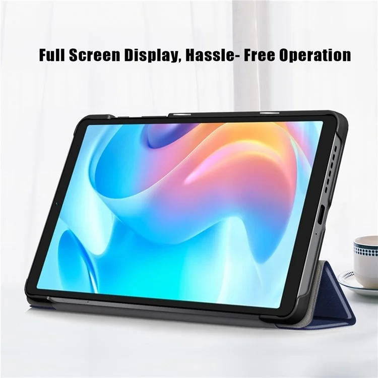 Tablet Covering Shell for Realme Pad Mini PC+PU Leather Trifold Stand Cover Well-protected Flip Tablet Case - Blue