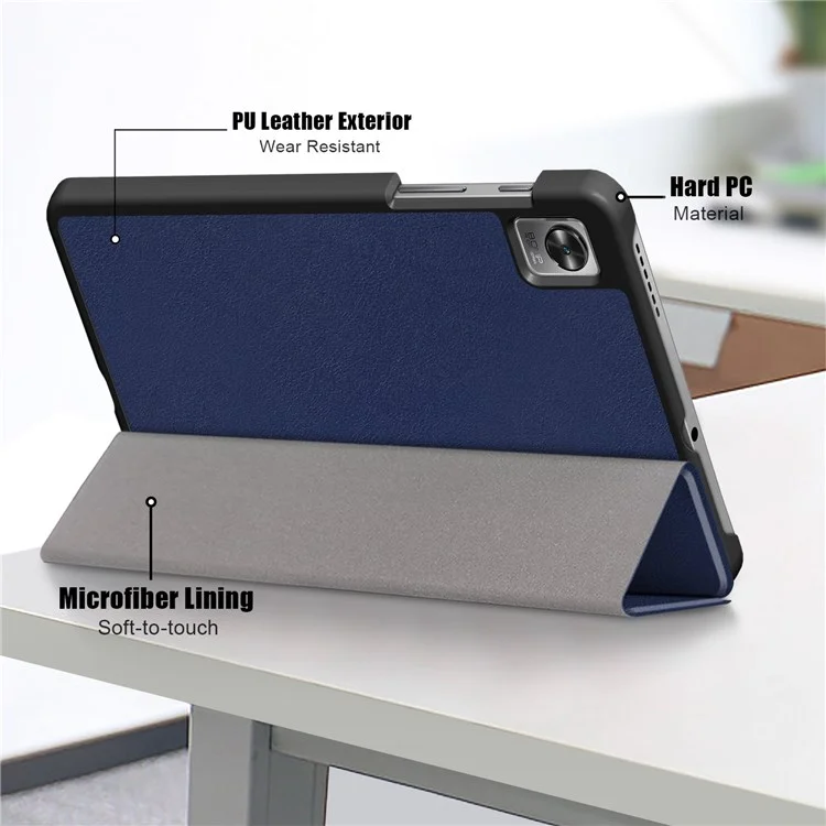 Tablet Covering Shell for Realme Pad Mini PC+PU Leather Trifold Stand Cover Well-protected Flip Tablet Case - Blue