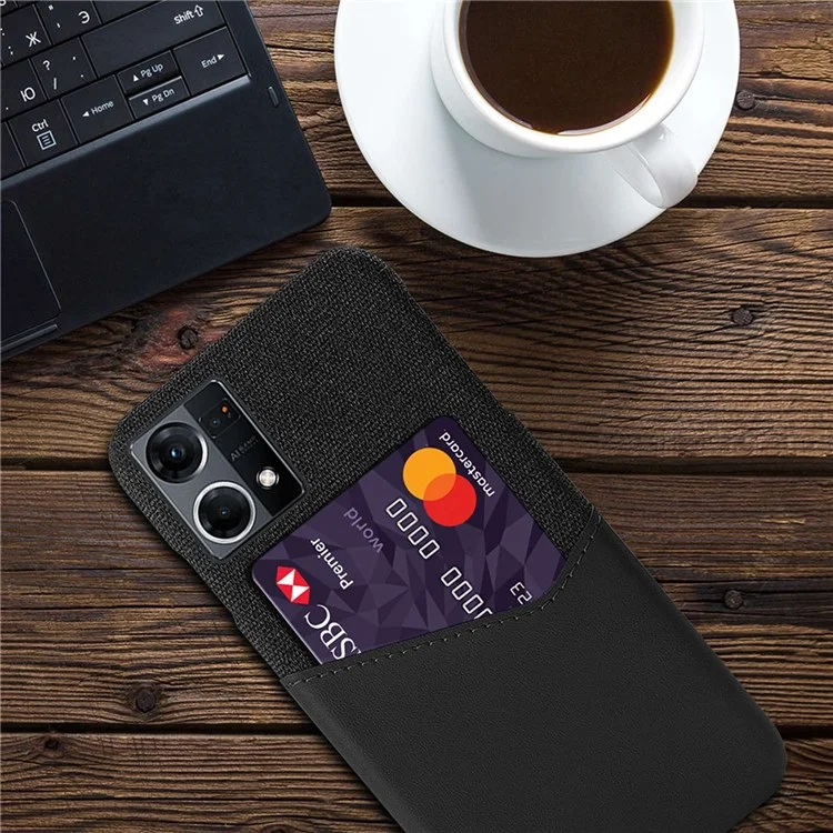 Texture En Tissu Étui De Téléphone Anti-rayures Pour OPPO Reno7 4G, Couverture PC Dur En Cuir En Cuir En Cuir Avec Fente De Carte - Le Noir