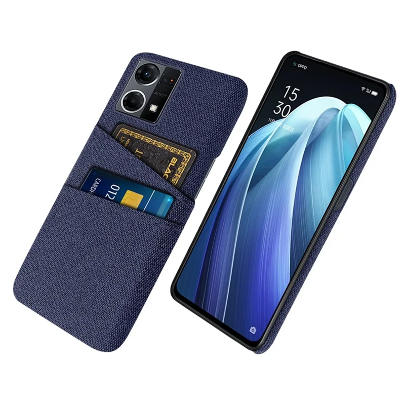 Dual Card Slots Phone Cover for Oppo Reno7 4G, Cloth Texture Drop-proof Cloth + PC Back Case Shell - Blue