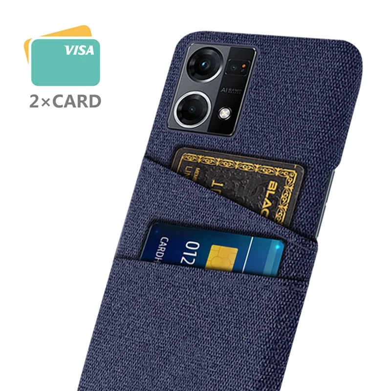 Dual Card Slots Phone Cover for Oppo Reno7 4G, Cloth Texture Drop-proof Cloth + PC Back Case Shell - Blue