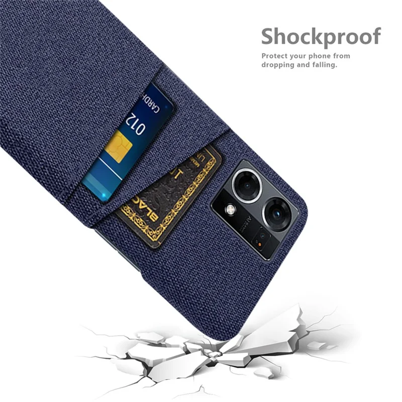 Dual Card Slots Phone Cover for Oppo Reno7 4G, Cloth Texture Drop-proof Cloth + PC Back Case Shell - Blue