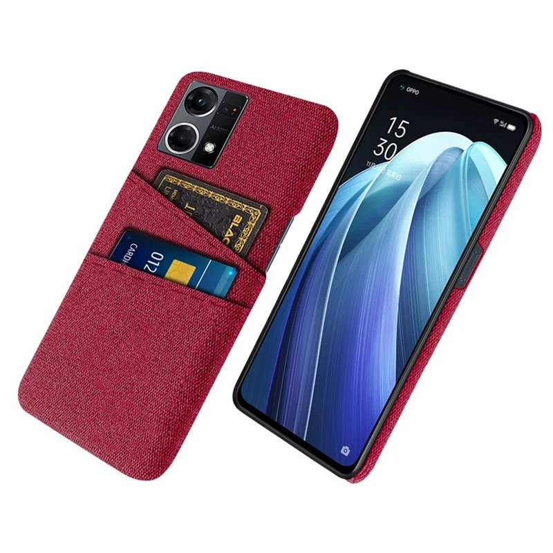 Mobilskal med dubbla kortfack till Oppo Reno7 4G, tygstruktur, slitstarkt tyg + PC-bakpanel, röd
