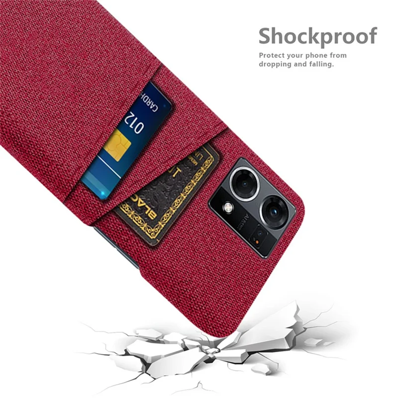 Mobilskal med dubbla kortfack till Oppo Reno7 4G, tygstruktur, slitstarkt tyg + PC-bakpanel, röd