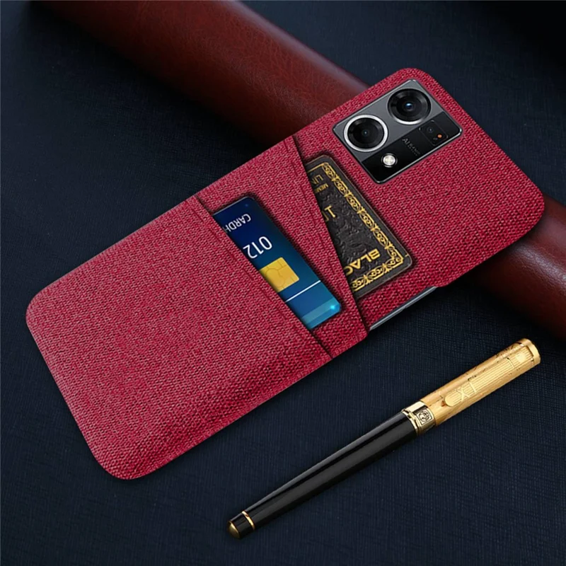 Mobilskal med dubbla kortfack till Oppo Reno7 4G, tygstruktur, slitstarkt tyg + PC-bakpanel, röd
