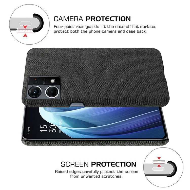 Pour Oppo Reno7 4G Texture de Texture Texture Téléphone Couleur Solide PC Dur + Couverture de Protection en Tissu - le Noir