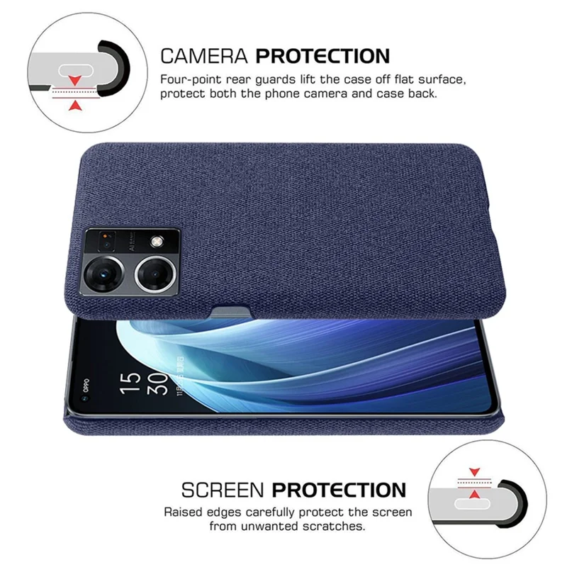 For Oppo Reno7 4G Cloth Texture Phone Case Solid Color Hard PC + Cloth Protective Cover - Blue
