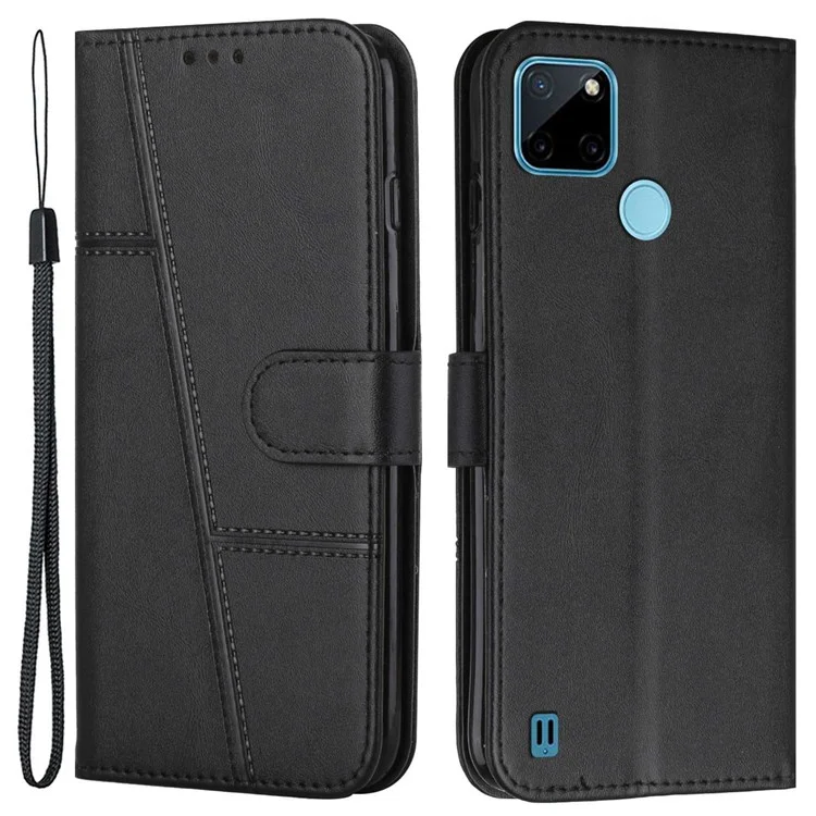 Pour Realme C21y / C25y Couverture Complète Flip Case Flip Anti-scratch PU Leather Folio Folio Livre Pliant Coux de Couture Avec Bracelet - le Noir