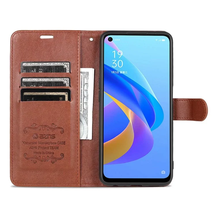 Azns Für Oppo A57 (2022) 5G / A77 5G Strukturierte PU Lederständer Flip Deckung Magnetverschluss Schocksicheres Schutzbrieftasche Hülle - Braun