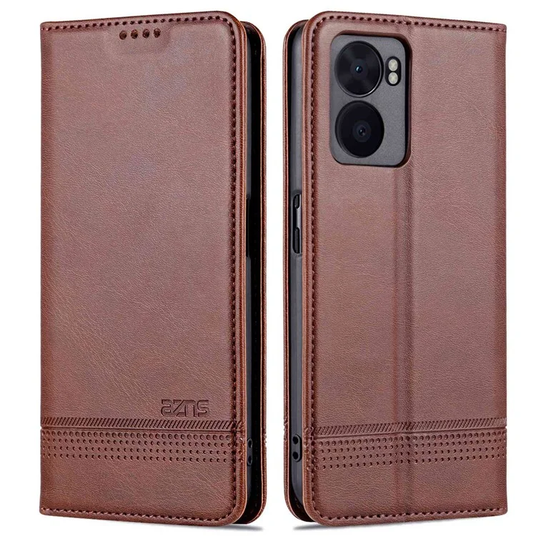 AZNS Для Oppo A57 (2022) 5G / A77 5G PU Кожаная Кошелька Flip Cover Hidden Magnetic Absorption Stand Folio Phone Case - Кофе