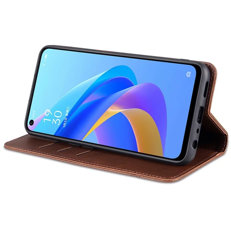 AZNS Для Oppo A57 (2022) 5G / A77 5G PU Кожаная Кошелька Flip Cover Hidden Magnetic Absorption Stand Folio Phone Case - Кофе