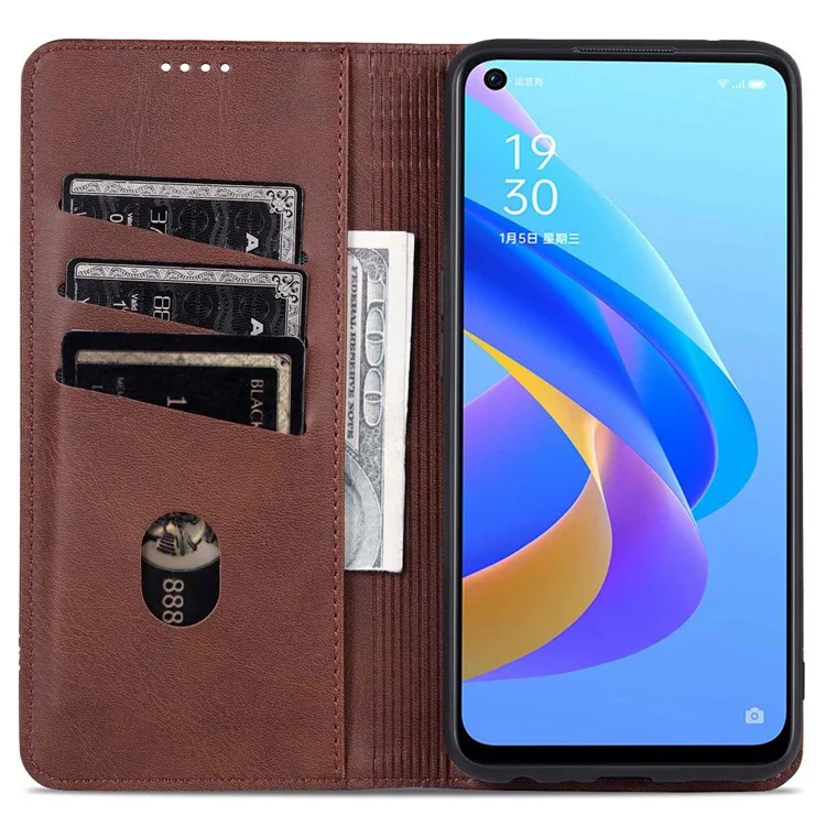 AZNS Для Oppo A57 (2022) 5G / A77 5G PU Кожаная Кошелька Flip Cover Hidden Magnetic Absorption Stand Folio Phone Case - Кофе