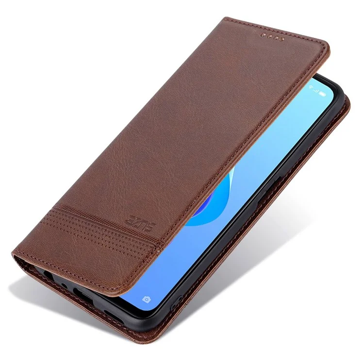 AZNS Для Oppo A57 (2022) 5G / A77 5G PU Кожаная Кошелька Flip Cover Hidden Magnetic Absorption Stand Folio Phone Case - Кофе