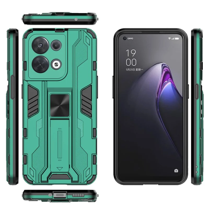 For Oppo Reno8 5G (Global Version) / Oppo Reno8 5G Hard PC Soft TPU Rugged Hybrid Case Heavy Duty Anti-fall Protective Shell with Kickstand - Green