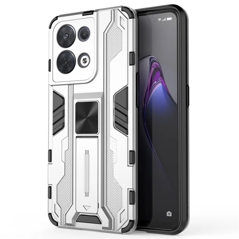 For Oppo Reno8 5G (Global Version) / Oppo Reno8 5G Hard PC Soft TPU Rugged Hybrid Case Heavy Duty Anti-fall Protective Shell with Kickstand - Silver