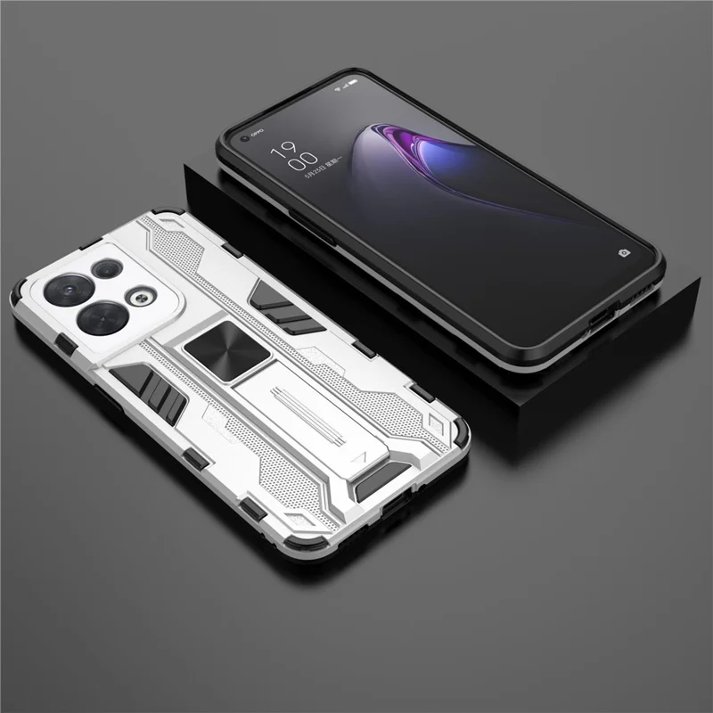 For Oppo Reno8 5G (Global Version) / Oppo Reno8 5G Hard PC Soft TPU Rugged Hybrid Case Heavy Duty Anti-fall Protective Shell with Kickstand - Silver