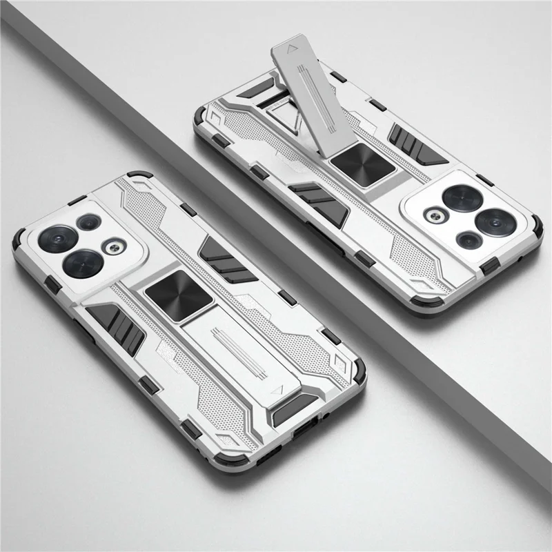 For Oppo Reno8 5G (Global Version) / Oppo Reno8 5G Hard PC Soft TPU Rugged Hybrid Case Heavy Duty Anti-fall Protective Shell with Kickstand - Silver