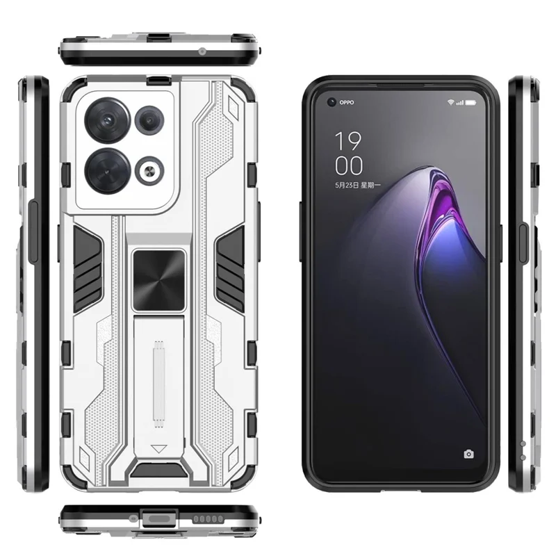 For Oppo Reno8 5G (Global Version) / Oppo Reno8 5G Hard PC Soft TPU Rugged Hybrid Case Heavy Duty Anti-fall Protective Shell with Kickstand - Silver