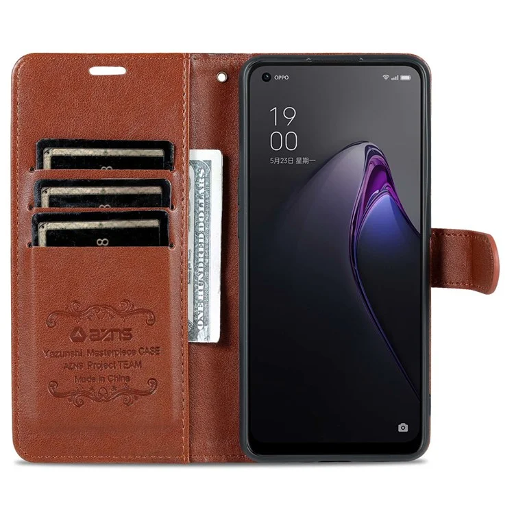 AZNS For Oppo Reno8 5G (Global Version) / Oppo Reno8 5G Anti-scratch Textured PU Leather Stand Flip Cover Magnetic Closure Shockproof Protective Wallet Case - Brown