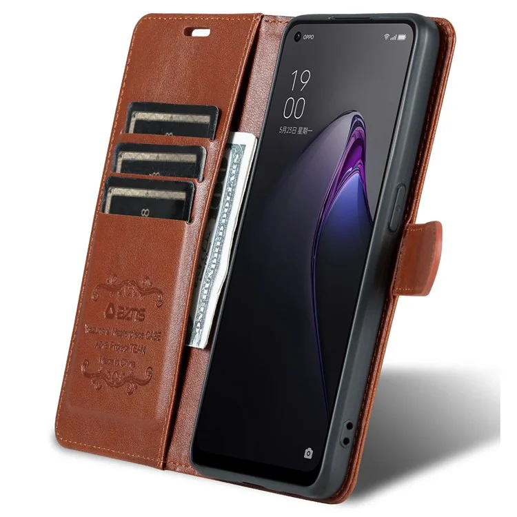 AZNS For Oppo Reno8 5G (Global Version) / Oppo Reno8 5G Anti-scratch Textured PU Leather Stand Flip Cover Magnetic Closure Shockproof Protective Wallet Case - Brown