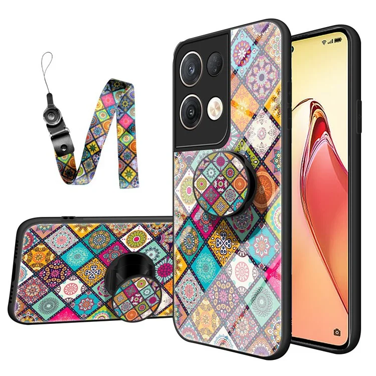 For Oppo Reno8 Pro+ (China) 5G / Reno8 Pro 5G (Global Version) Flower Pattern Tempered Glass + Hard PC Back Phone Case Soft TPU Kickstand Protective Cover with Lanyard - Checkered Pattern