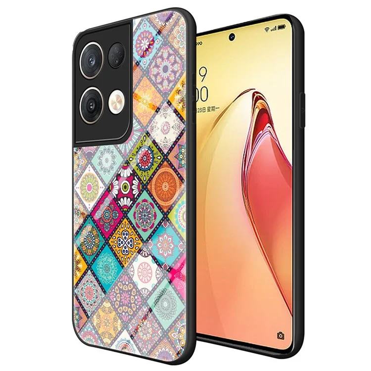 For Oppo Reno8 Pro+ (China) 5G / Reno8 Pro 5G (Global Version) Flower Pattern Tempered Glass + Hard PC Back Phone Case Soft TPU Kickstand Protective Cover with Lanyard - Checkered Pattern