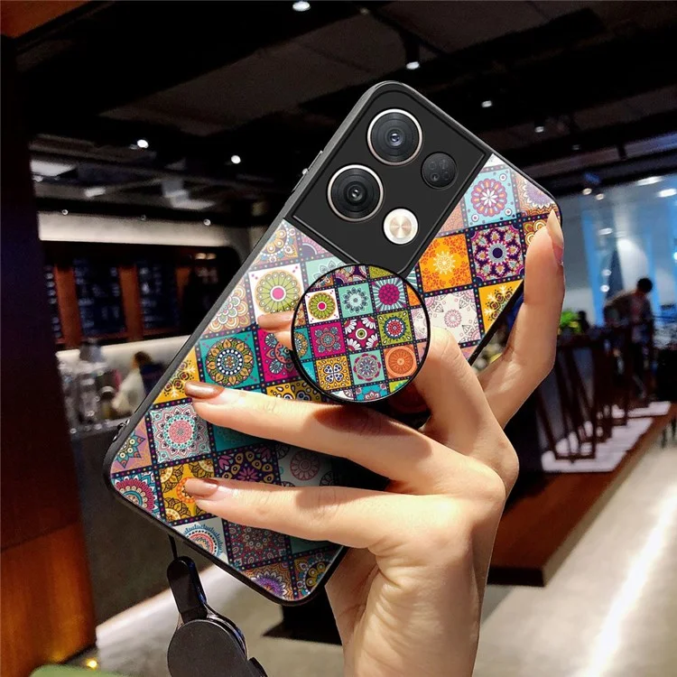 Per Oppo Reno8 Pro+ (Cina) 5G / Reno8 Pro 5G (Versione Globale) Custodia Protettiva con Motivo Floreale in Vetro Temperato + Retro in Policarbonato Rigido con Supporto in TPU Morbido e Cordino - Motivo a Quadretti
