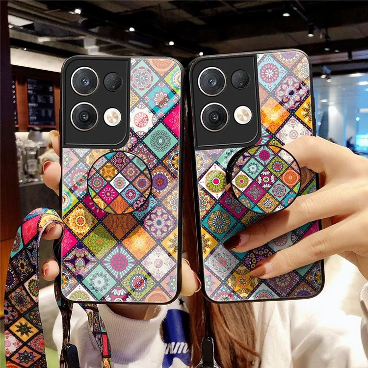 Per Oppo Reno8 Pro+ (Cina) 5G / Reno8 Pro 5G (Versione Globale) Custodia Protettiva con Motivo Floreale in Vetro Temperato + Retro in Policarbonato Rigido con Supporto in TPU Morbido e Cordino - Motivo a Quadretti