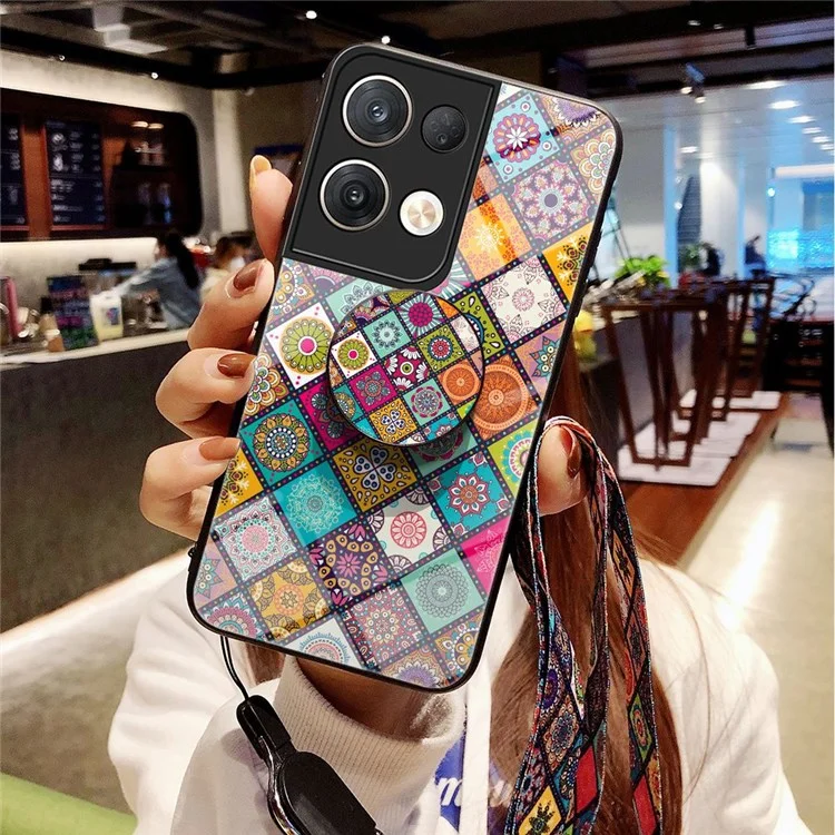 For Oppo Reno8 Pro+ (China) 5G / Reno8 Pro 5G (Global Version) Flower Pattern Tempered Glass + Hard PC Back Phone Case Soft TPU Kickstand Protective Cover with Lanyard - Checkered Pattern