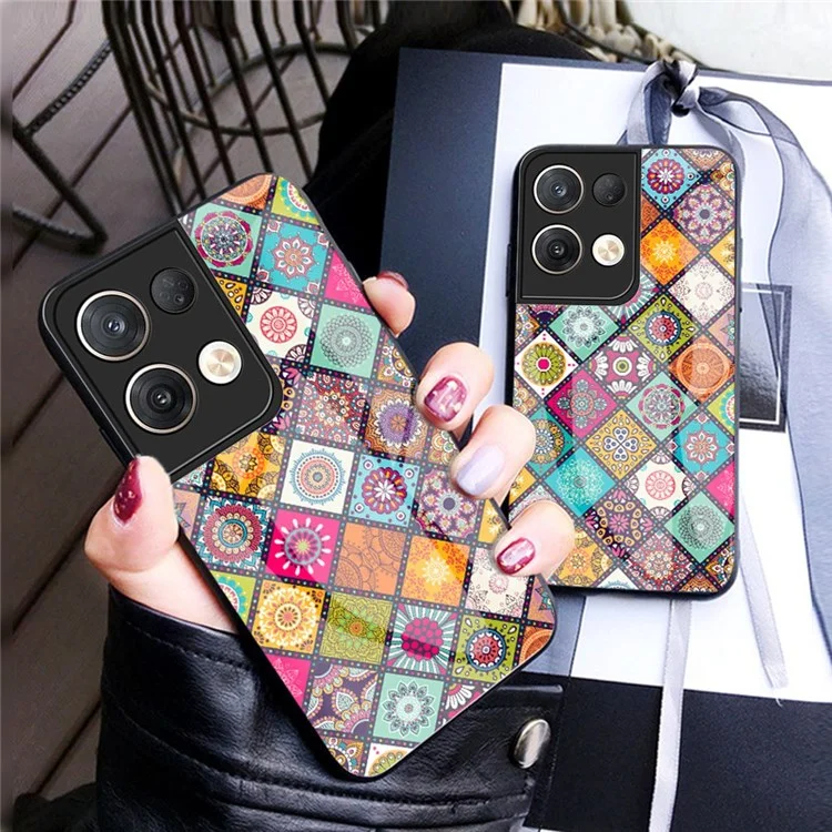 Per Oppo Reno8 Pro+ (Cina) 5G / Reno8 Pro 5G (Versione Globale) Custodia Protettiva con Motivo Floreale in Vetro Temperato + Retro in Policarbonato Rigido con Supporto in TPU Morbido e Cordino - Motivo a Quadretti