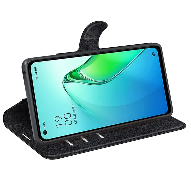 Litchi Texture Case for Oppo Reno8 Pro (China) 5G, Foldable Stand PU Leather Wallet Full Body Protection Cell Phone Cover - Black