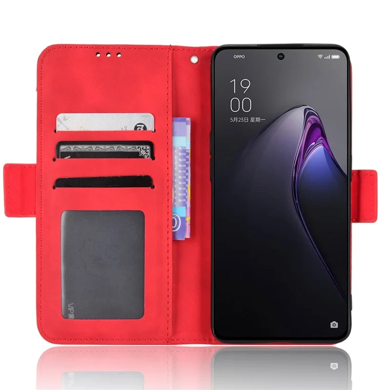 Cover portafoglio stand in ecopelle anti-caduta per Oppo Reno8 Pro (Cina) 5G con multi slot per carte - Rosso