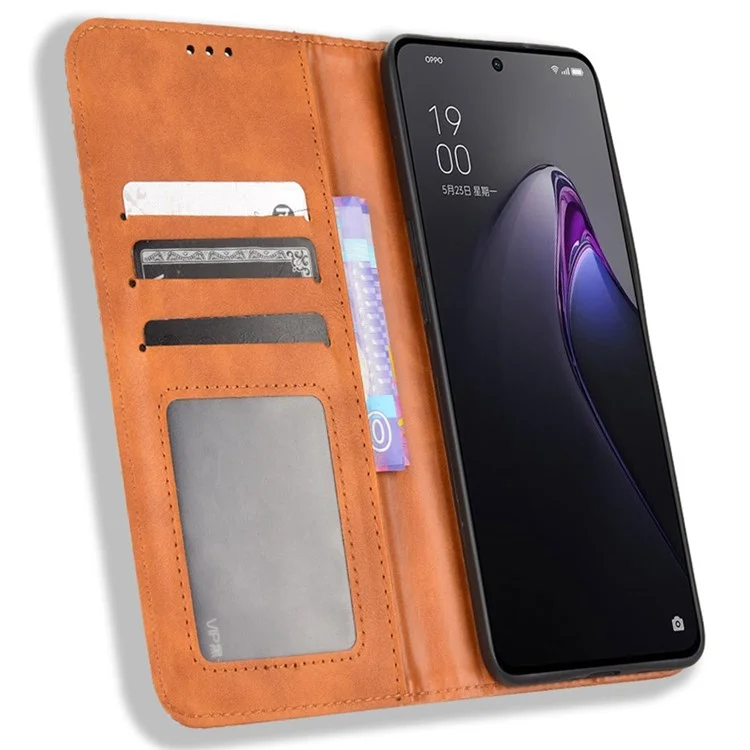 For Oppo Reno8 Pro+ 5G / Reno8 Pro+ 5G (Global Version) Retro Texture PU Leather Stand Wallet Cover Magnetic Auto Closing Phone Case - Brown