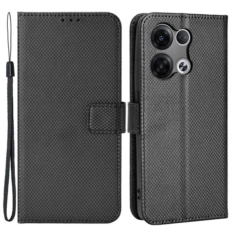 Anti-scratch Diamond Texture Case for Oppo Reno8 5G / Reno8 5G (Global Version), PU Leather Stand Cover Wallet Flip Phone Shell - Black
