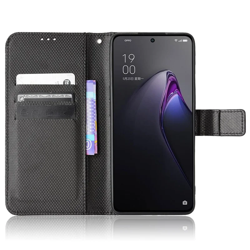 Anti-scratch Diamond Texture Case for Oppo Reno8 5G / Reno8 5G (Global Version), PU Leather Stand Cover Wallet Flip Phone Shell - Black