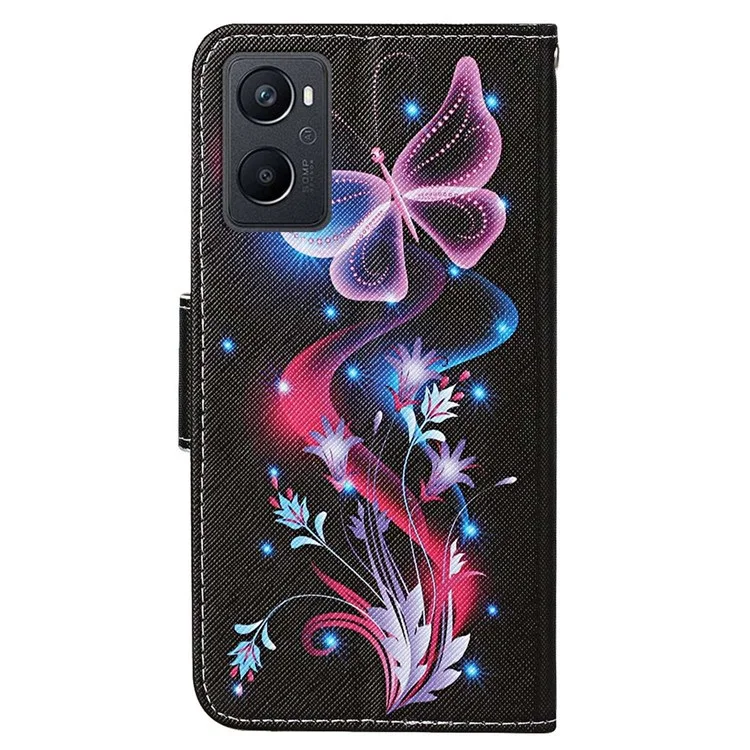 Печать с Рисунком Перекрестная Текстура Телефона Для Oppo A96 4G, Кожаная Кошелька PU Стоя Folio Flip Flip Shell с Ремешком - Флуоресцентные Бабочки