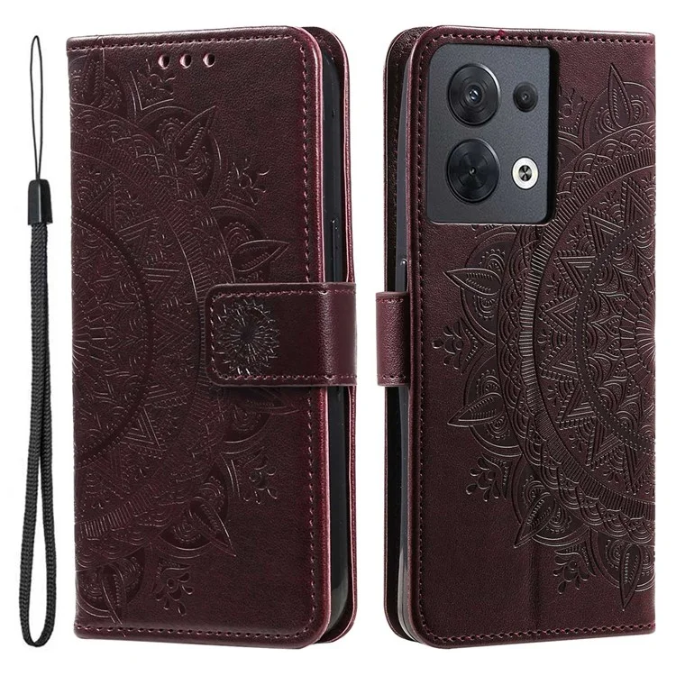 For Oppo Reno8 5G (Global Version) / Reno8 5G Shockproof Phone Wallet Case Imprinted Mandala Flower Pattern PU Leather Wrist Strap Stand Feature Flip Cover - Brown
