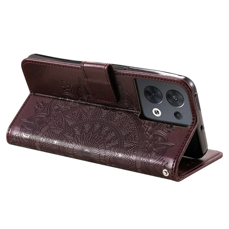 For Oppo Reno8 5G (Global Version) / Reno8 5G Shockproof Phone Wallet Case Imprinted Mandala Flower Pattern PU Leather Wrist Strap Stand Feature Flip Cover - Brown
