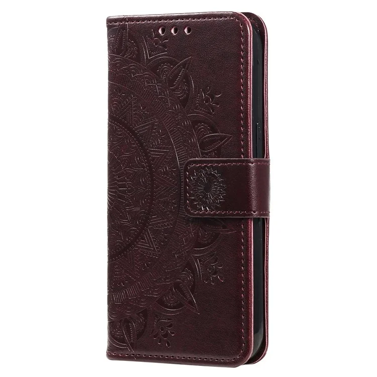 For Oppo Reno8 5G (Global Version) / Reno8 5G Shockproof Phone Wallet Case Imprinted Mandala Flower Pattern PU Leather Wrist Strap Stand Feature Flip Cover - Brown