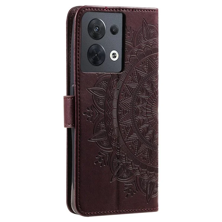For Oppo Reno8 5G (Global Version) / Reno8 5G Shockproof Phone Wallet Case Imprinted Mandala Flower Pattern PU Leather Wrist Strap Stand Feature Flip Cover - Brown