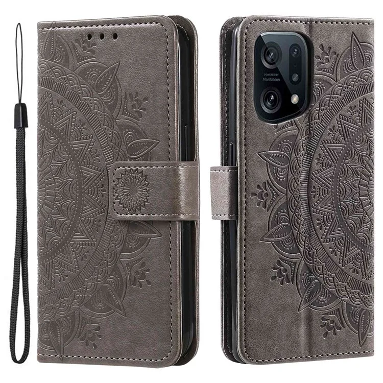 Para Oppo Find X5 5G Folio Stand Cover Mandala Flower Patrón de Flores Impresión PU Cuero Flip Flip Flip Case Con Correa de Muñeca Interna de TPU - Gris