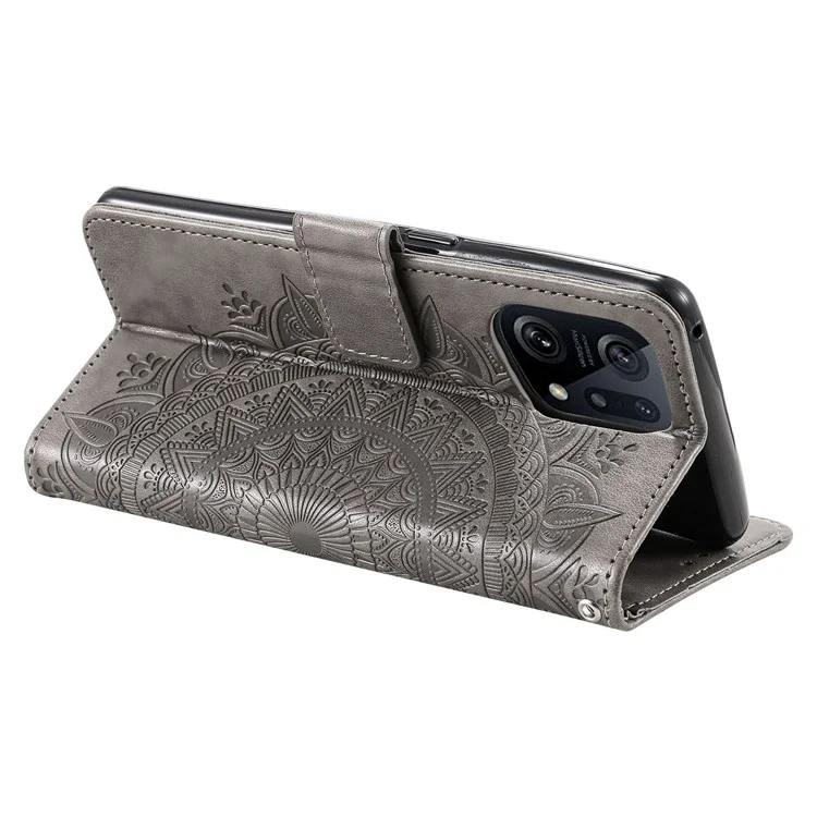 Para Oppo Find X5 5g Folio Stand Capa Mandala Padrão de Flor Flor PU PU Catera Chumge Casa Chumpe Com TPU Sprap Interno - Cinza