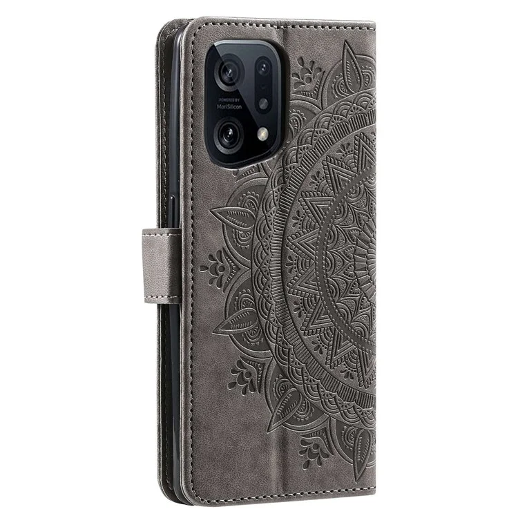 Para Oppo Find X5 5g Folio Stand Capa Mandala Padrão de Flor Flor PU PU Catera Chumge Casa Chumpe Com TPU Sprap Interno - Cinza