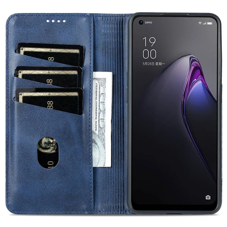 AZNS For Oppo Reno8 Pro 5G (Global Version) / Reno8 Pro+ (China) 5G Full Protection PU Leather Magnetic Closure Phone Case Wallet Stand Flip Cover - Dark Blue