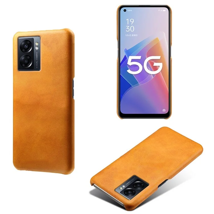 For Oppo A57 (2022) 5G / A77 5G Non-Slip Grip Shockproof Phone Case Calf Textured PU Leather Coating Anti-scratch Hard PC Protective Cover - Orange