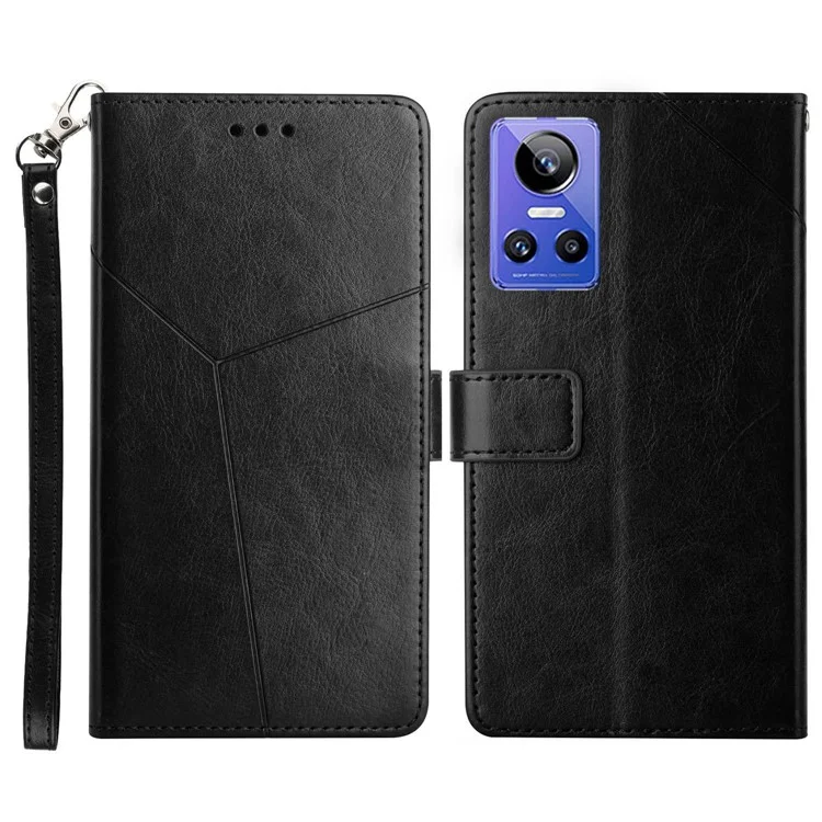Para Realme GT Neo3 5G HT01 Estilo de Billetera Líneas en Forma de y Impresas Case de Teléfono PU Cuero Folio Folio Con Correa - Negro