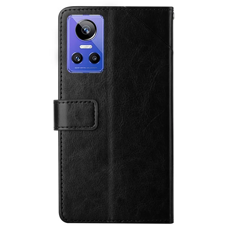 Para Realme GT Neo3 5G HT01 Estilo de Billetera Líneas en Forma de y Impresas Case de Teléfono PU Cuero Folio Folio Con Correa - Negro