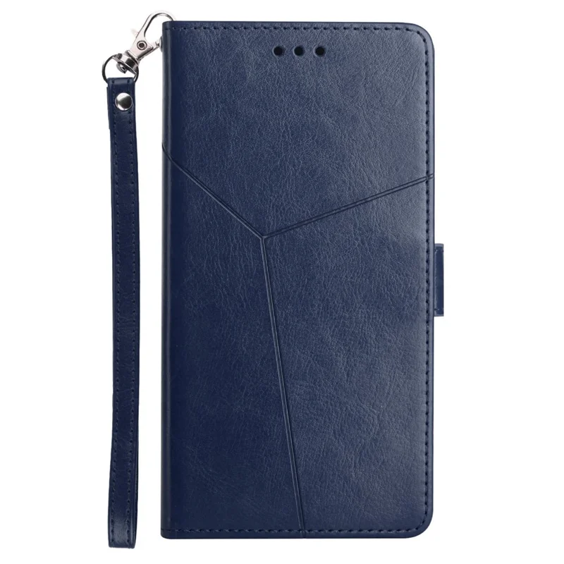 For Realme GT Neo2 5G HT01 Imprinted Y-Shaped Lines Phone Case Anti-Fall PU Leather Stand Wallet Feature Shell with Strap - Blue
