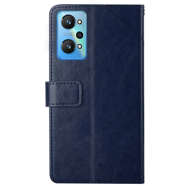 For Realme GT Neo2 5G HT01 Imprinted Y-Shaped Lines Phone Case Anti-Fall PU Leather Stand Wallet Feature Shell with Strap - Blue